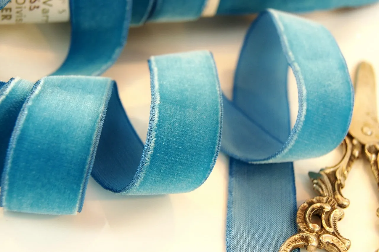 Crystal Blue Velvet Ribbon Vintage from France 22mm