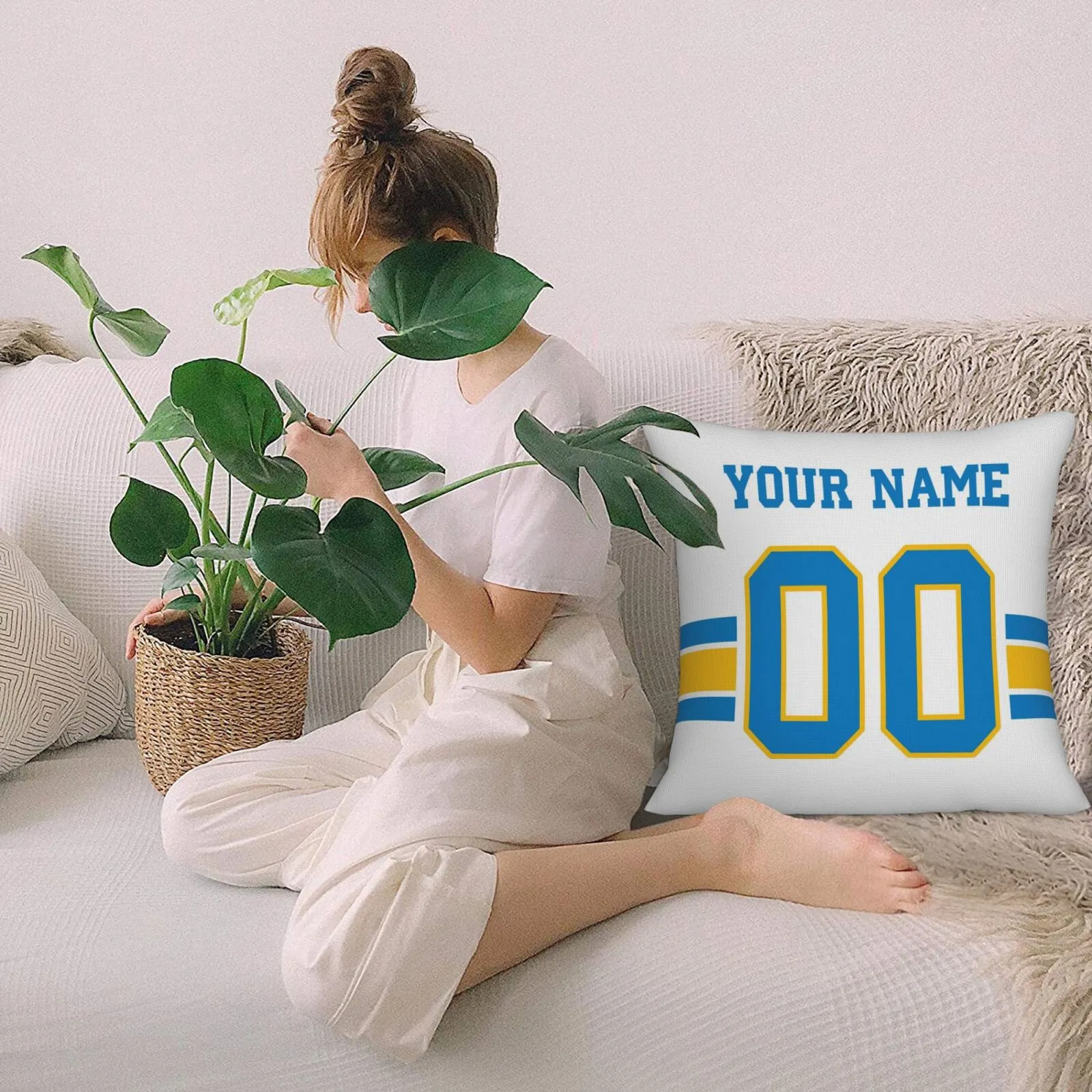 Customized Los Angeles Chargers Football Team Decorative Throw Pillow Case Print Personalized Football Style Fans Letters & Number White Pillowcase Birthday Gift