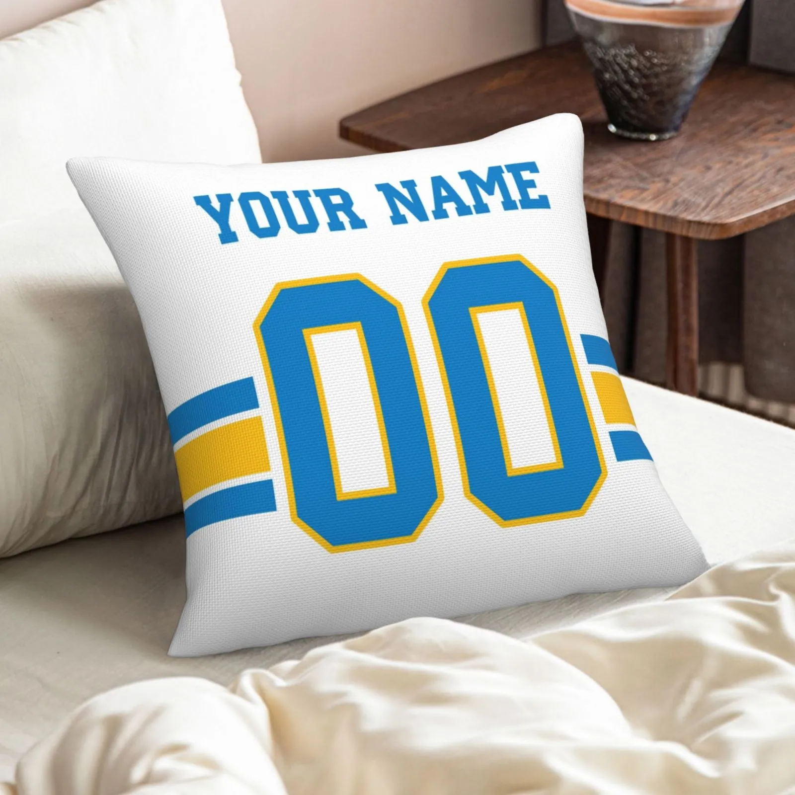 Customized Los Angeles Chargers Football Team Decorative Throw Pillow Case Print Personalized Football Style Fans Letters & Number White Pillowcase Birthday Gift