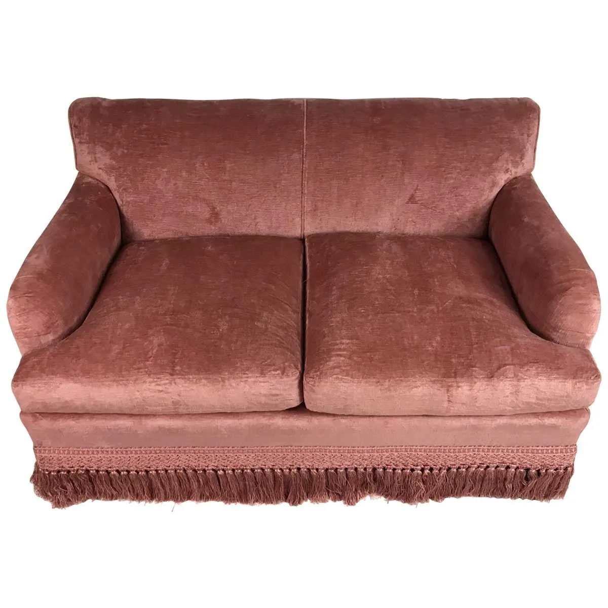 Danielle Rollins Custom Designed O' Henry House Linen Velvet Upholstered Loveseat with Bouillon Fringe