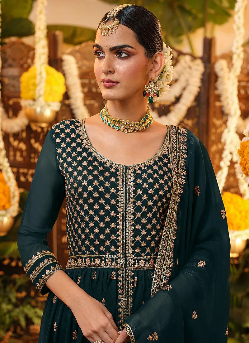 Dark Green Crystal Embroidered Slit Style Palazzo Suit