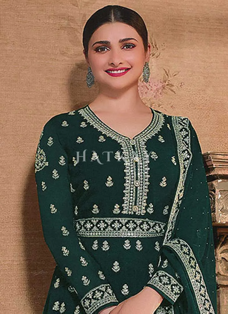 Dark Green Embroidery Slit Style Anarkali Lehenga
