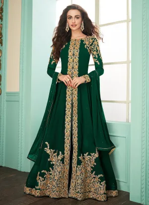 Dark Green Slit Style Embroidered Anarkali Suit