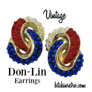 Don-Lin Vintage Rhinestone Earrings in Red, White and Blue