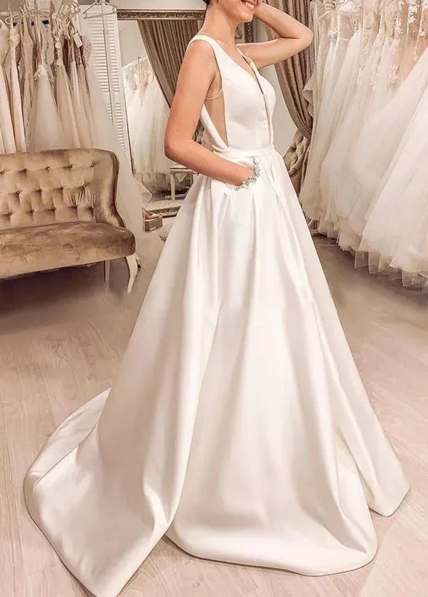 Elegant A-line Sleeveless V-Back Satin Bridal Dresses with Pockets