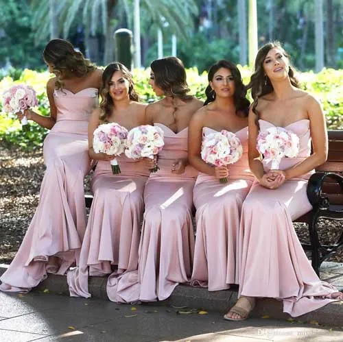 Elegant Mermaid Sweetheart Blush Pink Satin Long Bridesmaid Dresses,MBD126
