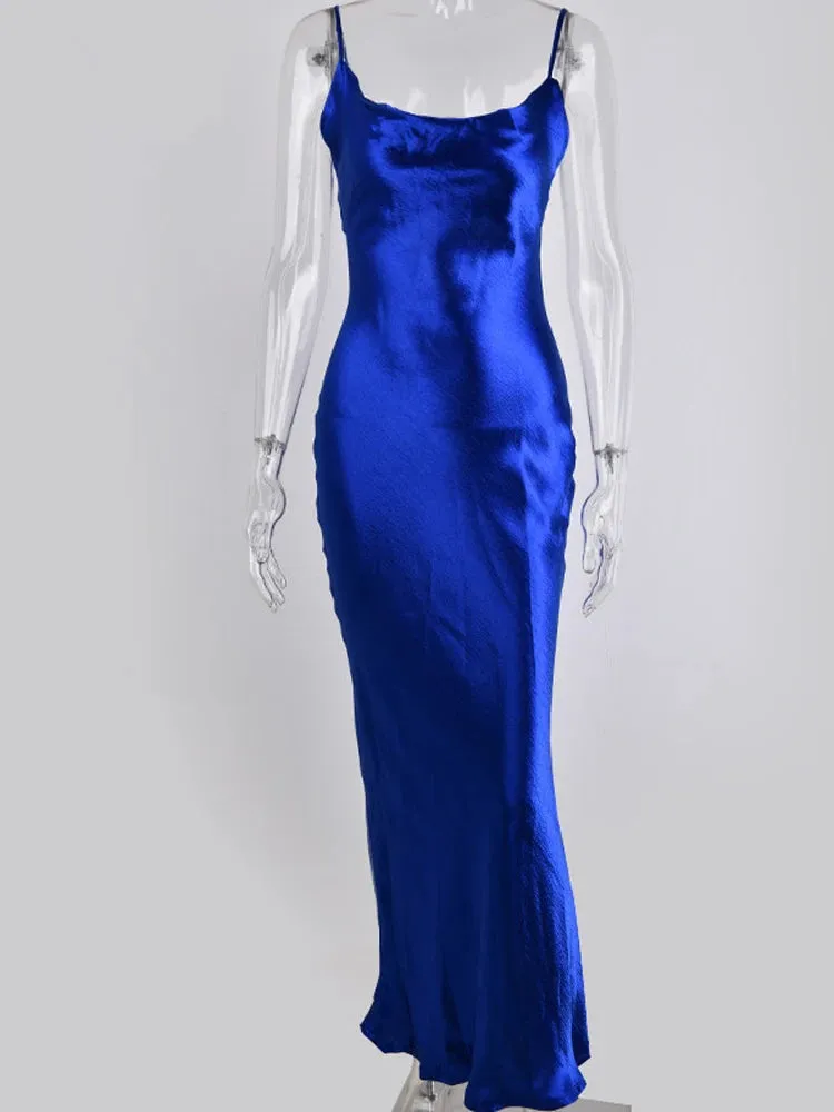 Elegant Spaghetti Strap Satin Bodycon Long Dress