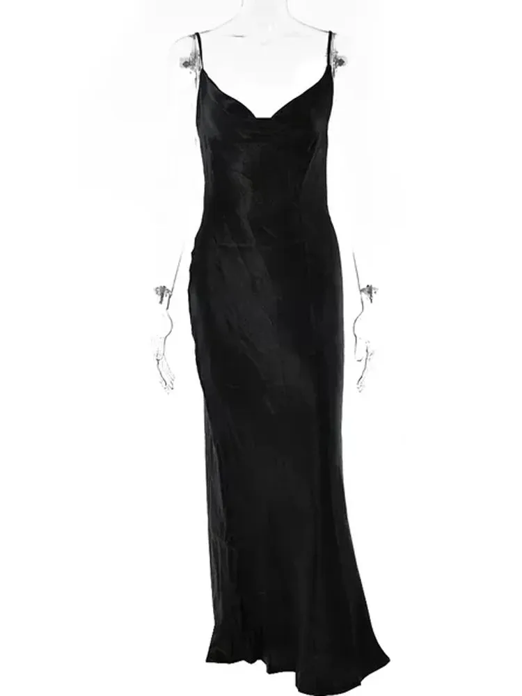 Elegant Spaghetti Strap Satin Bodycon Long Dress