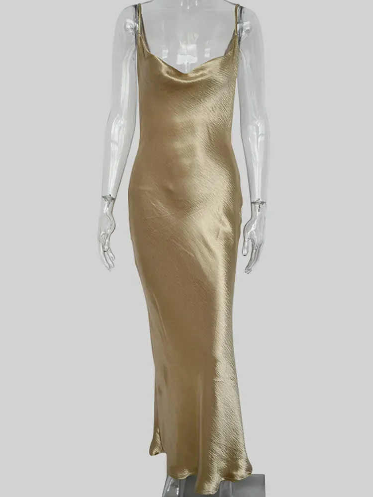 Elegant Spaghetti Strap Satin Bodycon Long Dress