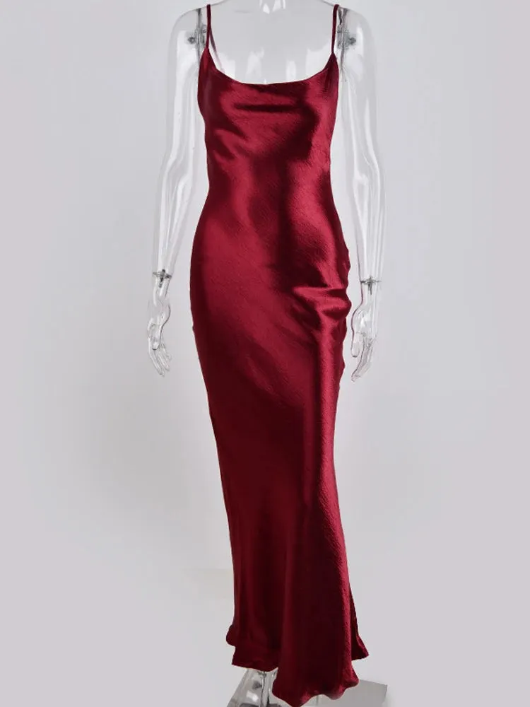 Elegant Spaghetti Strap Satin Bodycon Long Dress