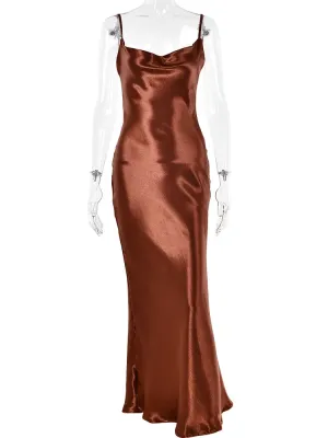 Elegant Spaghetti Strap Satin Bodycon Long Dress