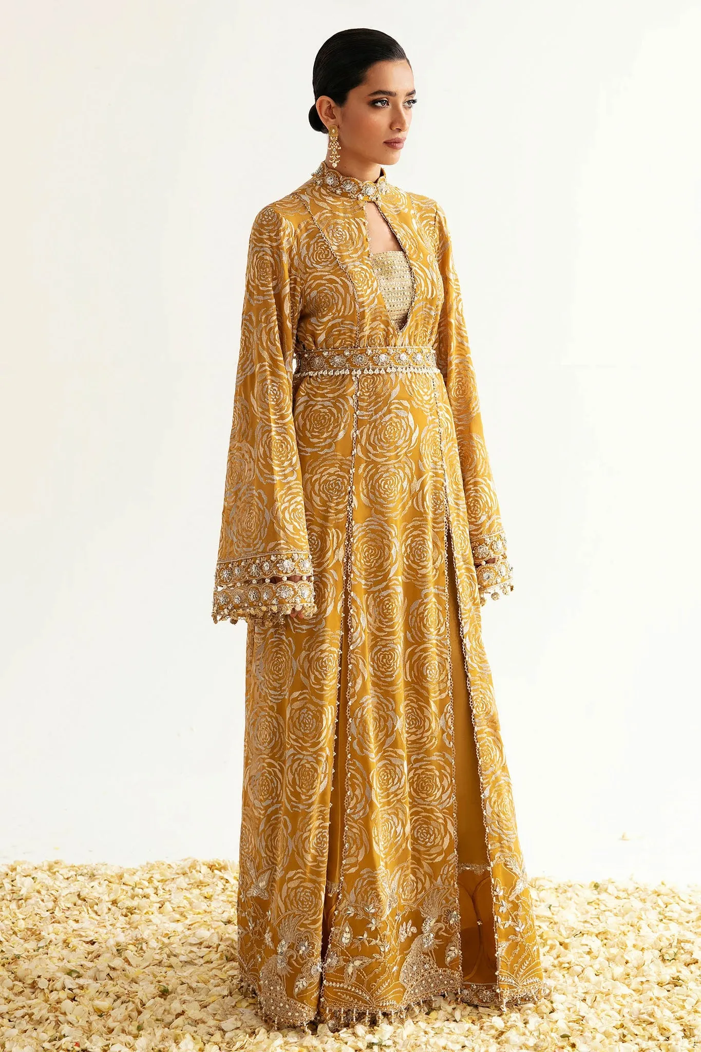 Elegant Yellow Heavily Embroidered Pakistani Salwar Kameez in Gown Style