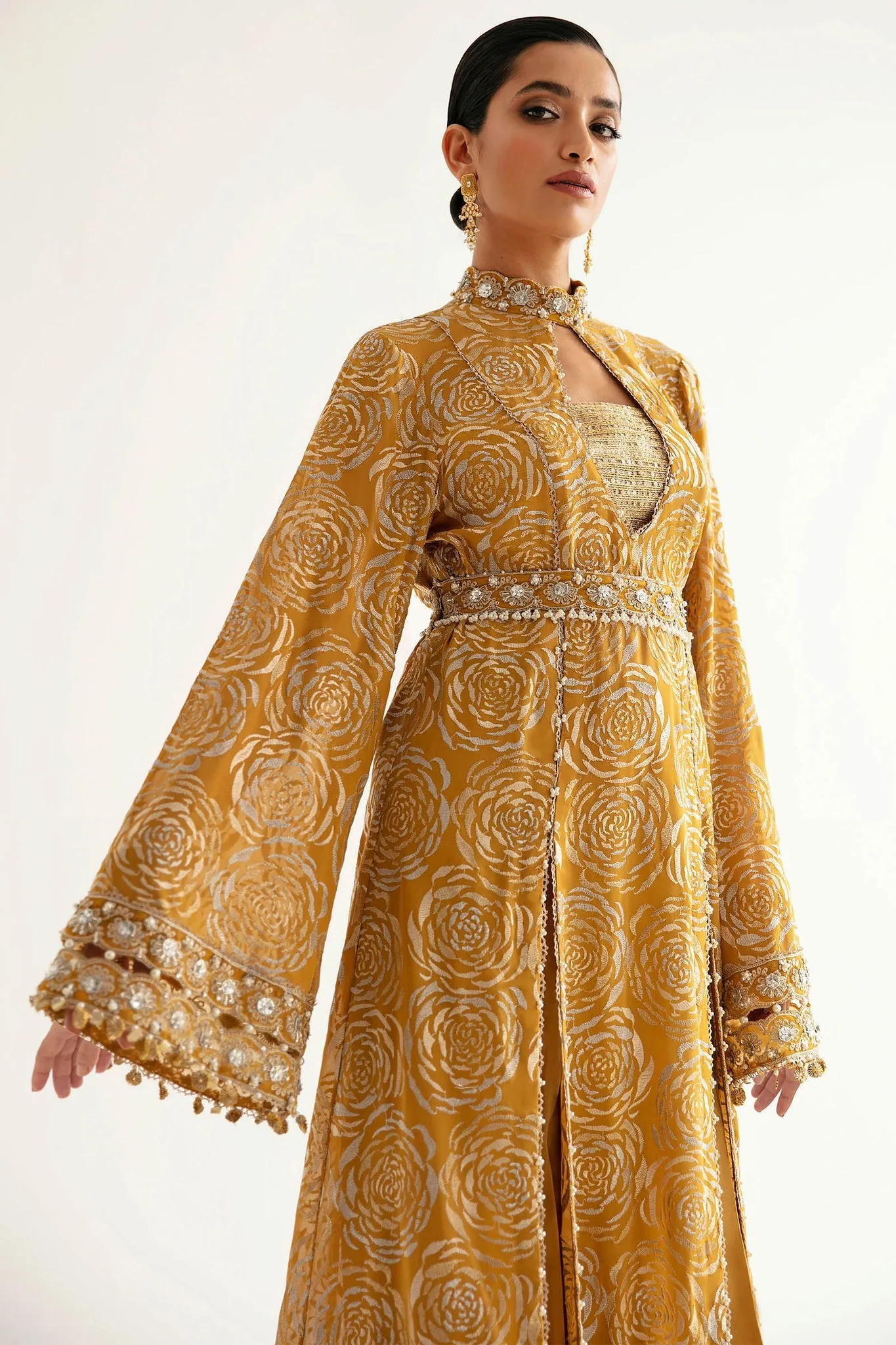 Elegant Yellow Heavily Embroidered Pakistani Salwar Kameez in Gown Style