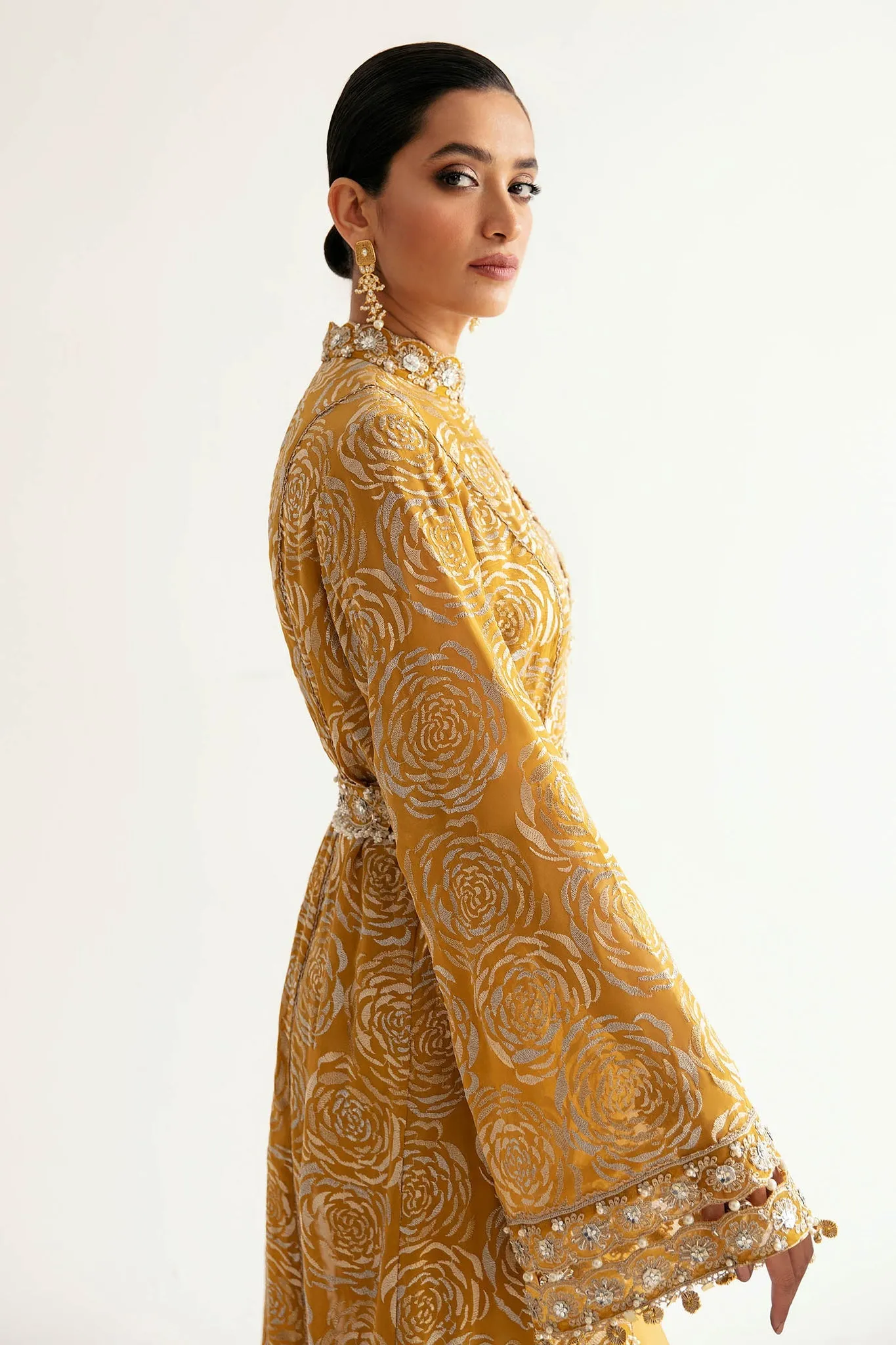 Elegant Yellow Heavily Embroidered Pakistani Salwar Kameez in Gown Style
