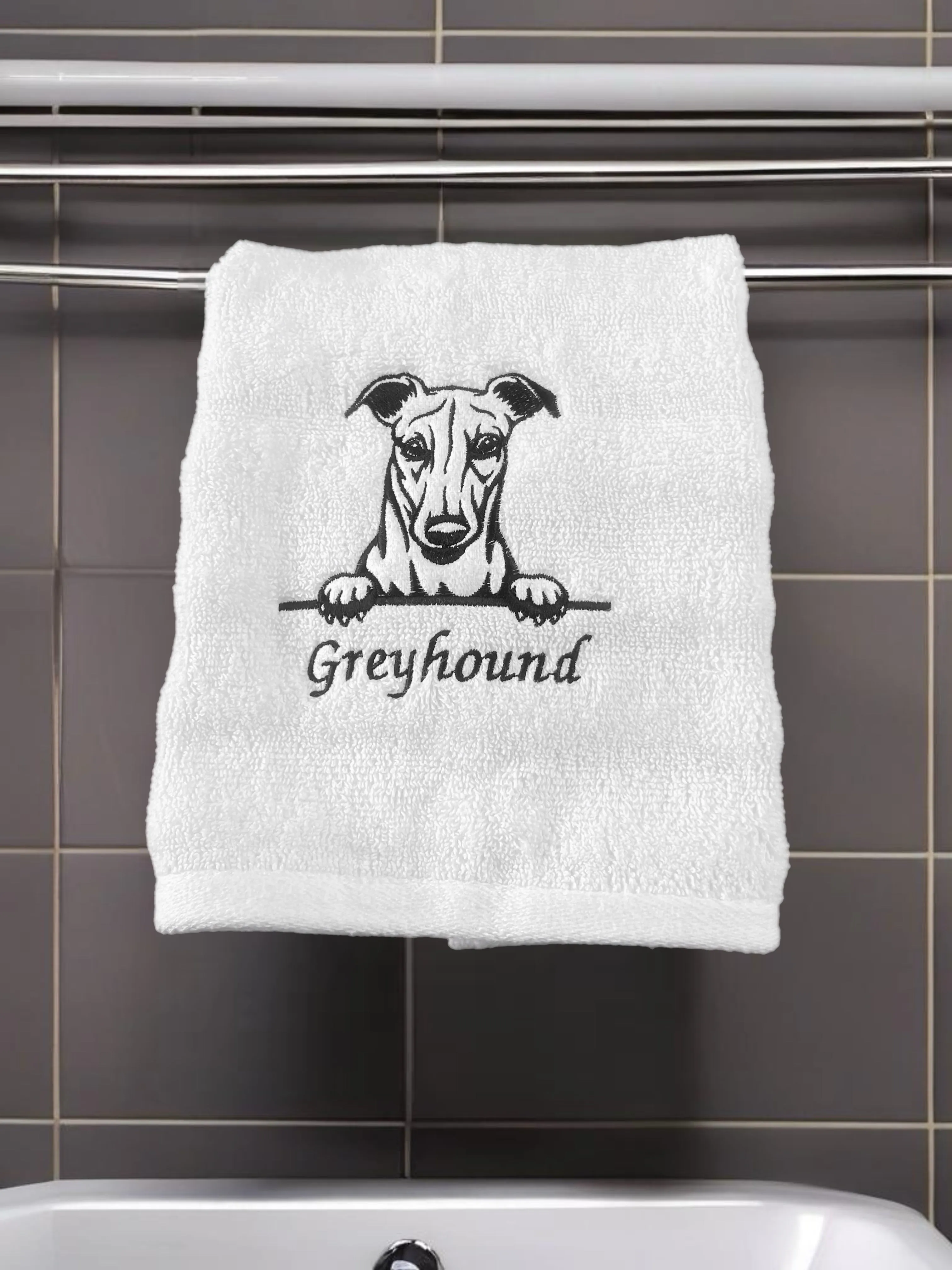 Embroidered hand towel greyhound design