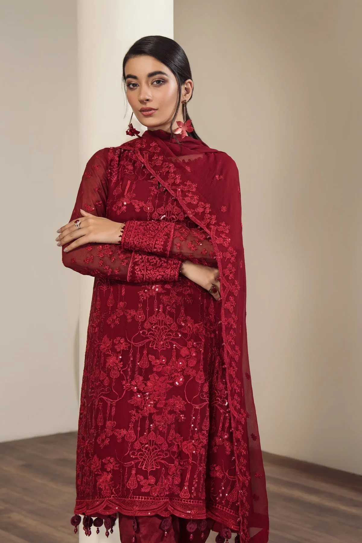 Embroidered Pakistani Salwar Kameez Red Chiffon Salwar Suit