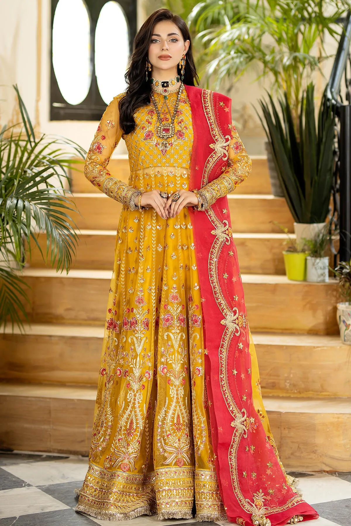 Embroidered Pakistani Wedding Dress in Net Frock Style