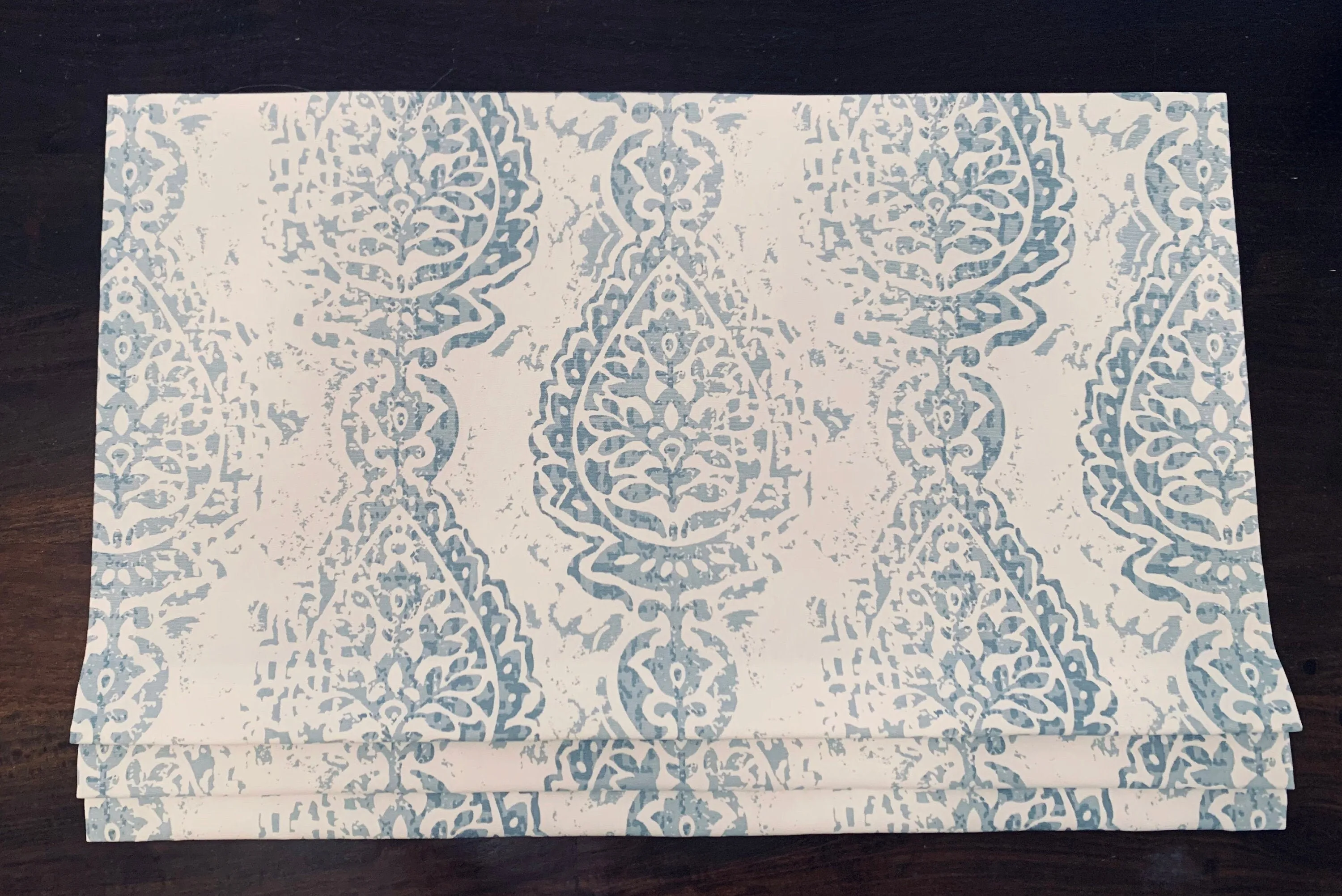 Faux Roman Shade Valance in Cashmere Blue and White Print , Fully Lined Custom Made