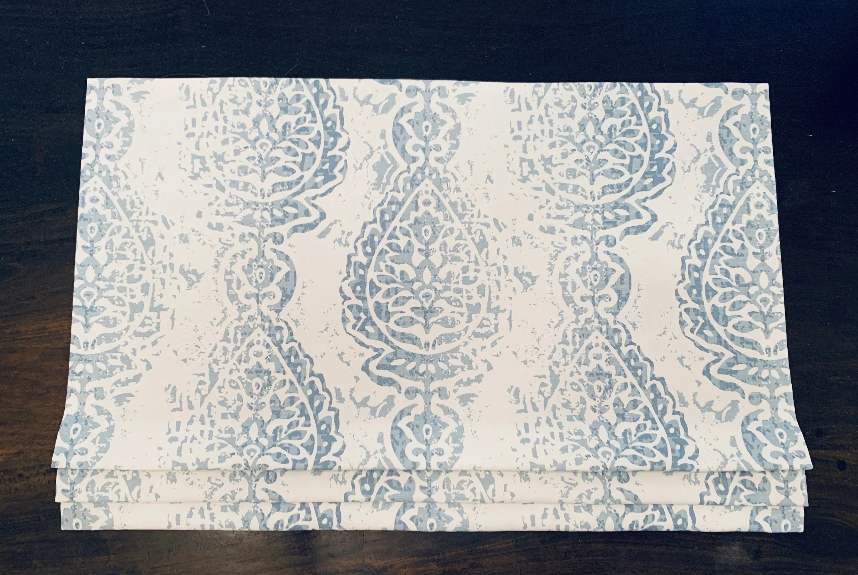 Faux Roman Shade Valance in Cashmere Blue and White Print , Fully Lined Custom Made