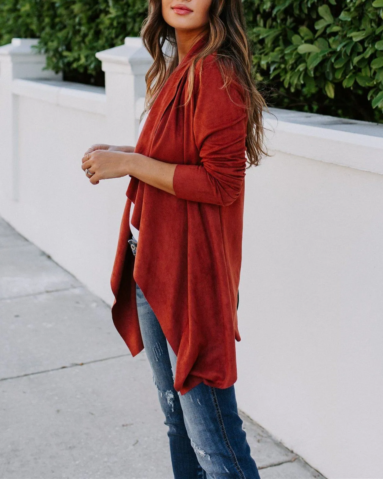 Faux Suede Pocketed Drape Jacket