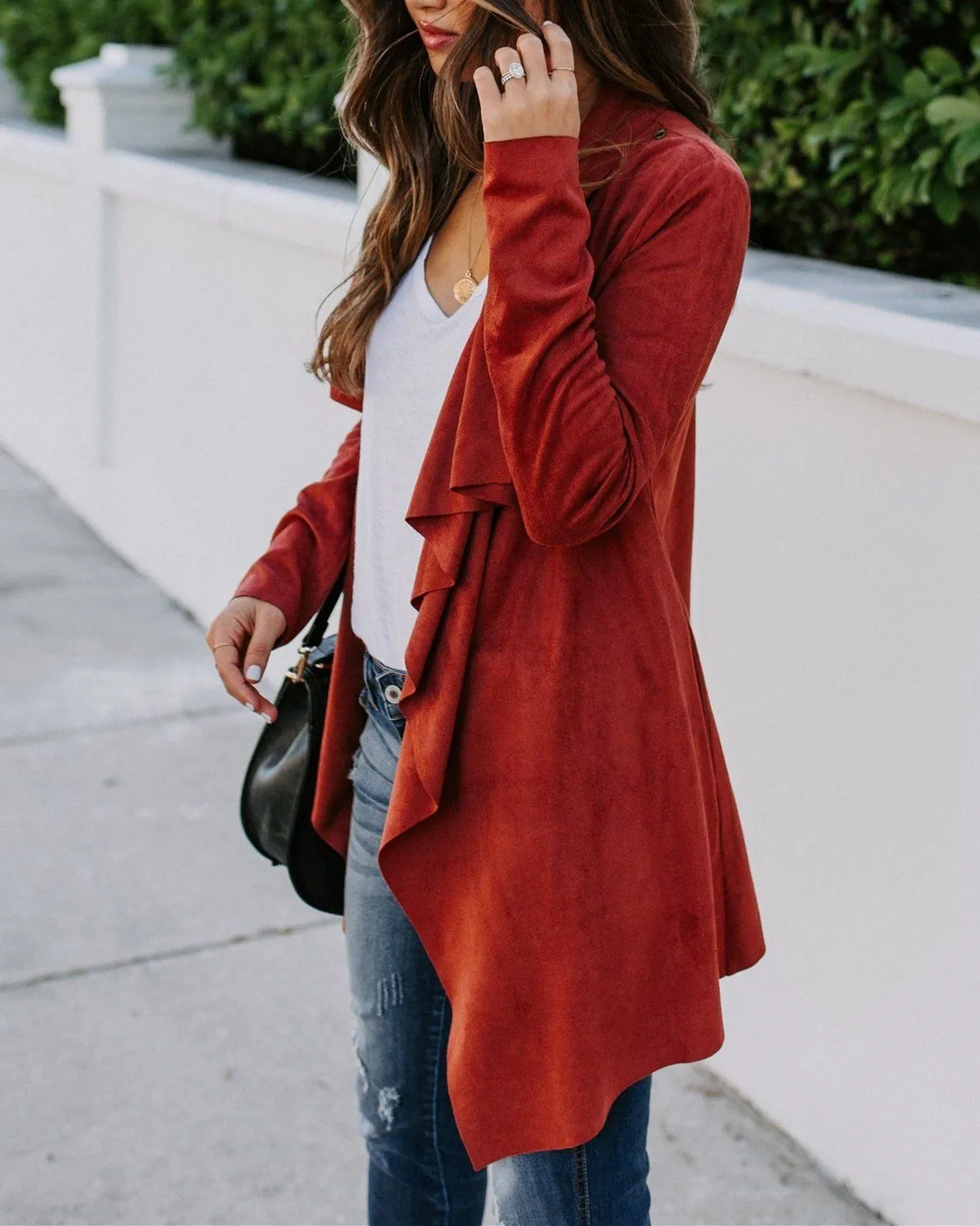 Faux Suede Pocketed Drape Jacket