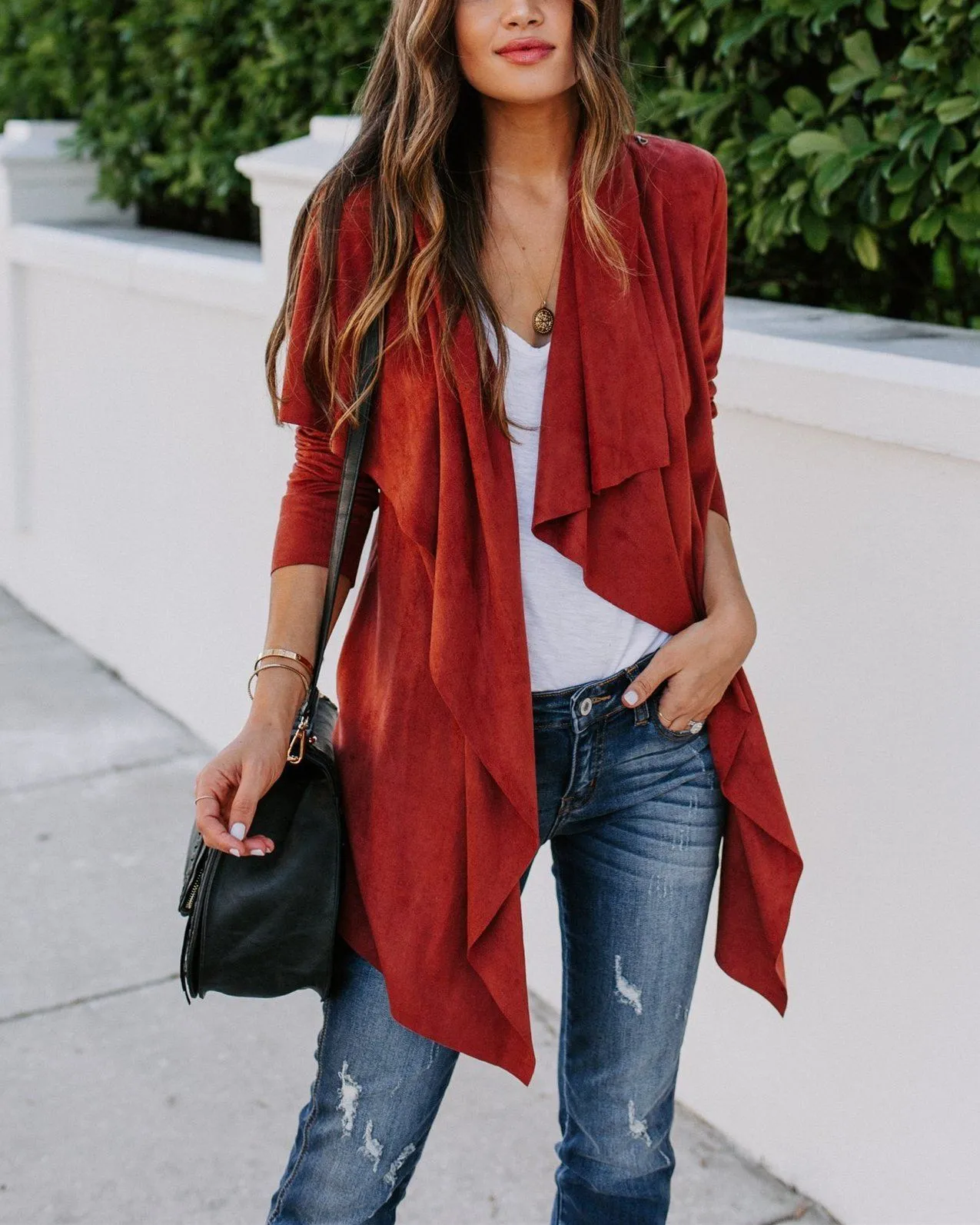 Faux Suede Pocketed Drape Jacket