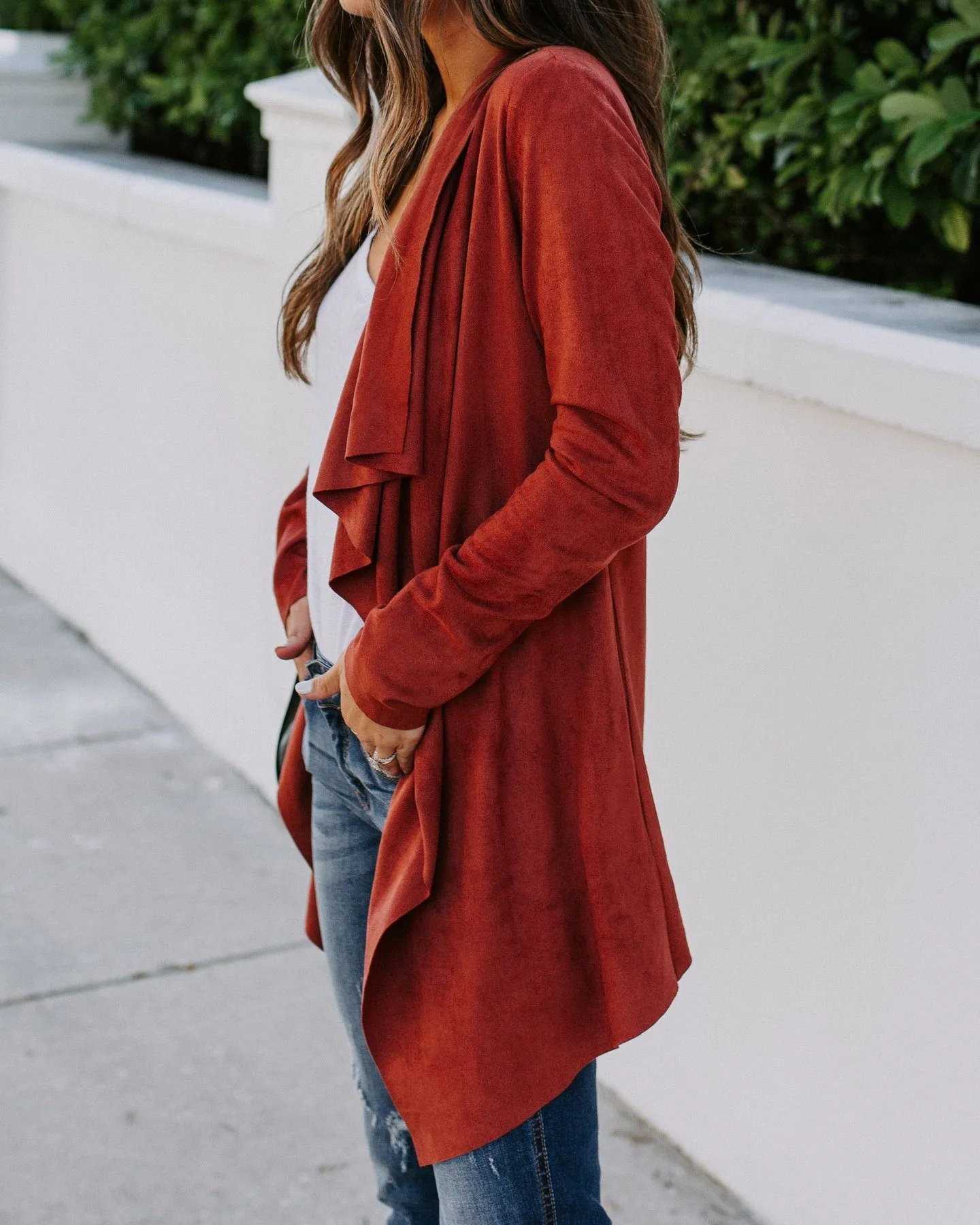 Faux Suede Pocketed Drape Jacket