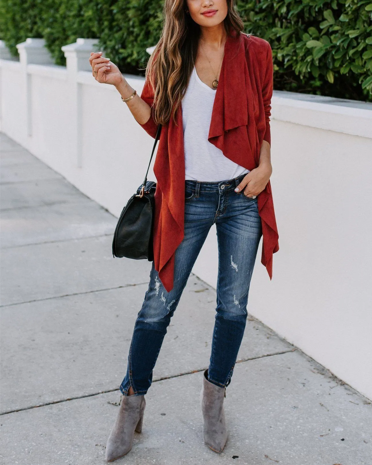 Faux Suede Pocketed Drape Jacket