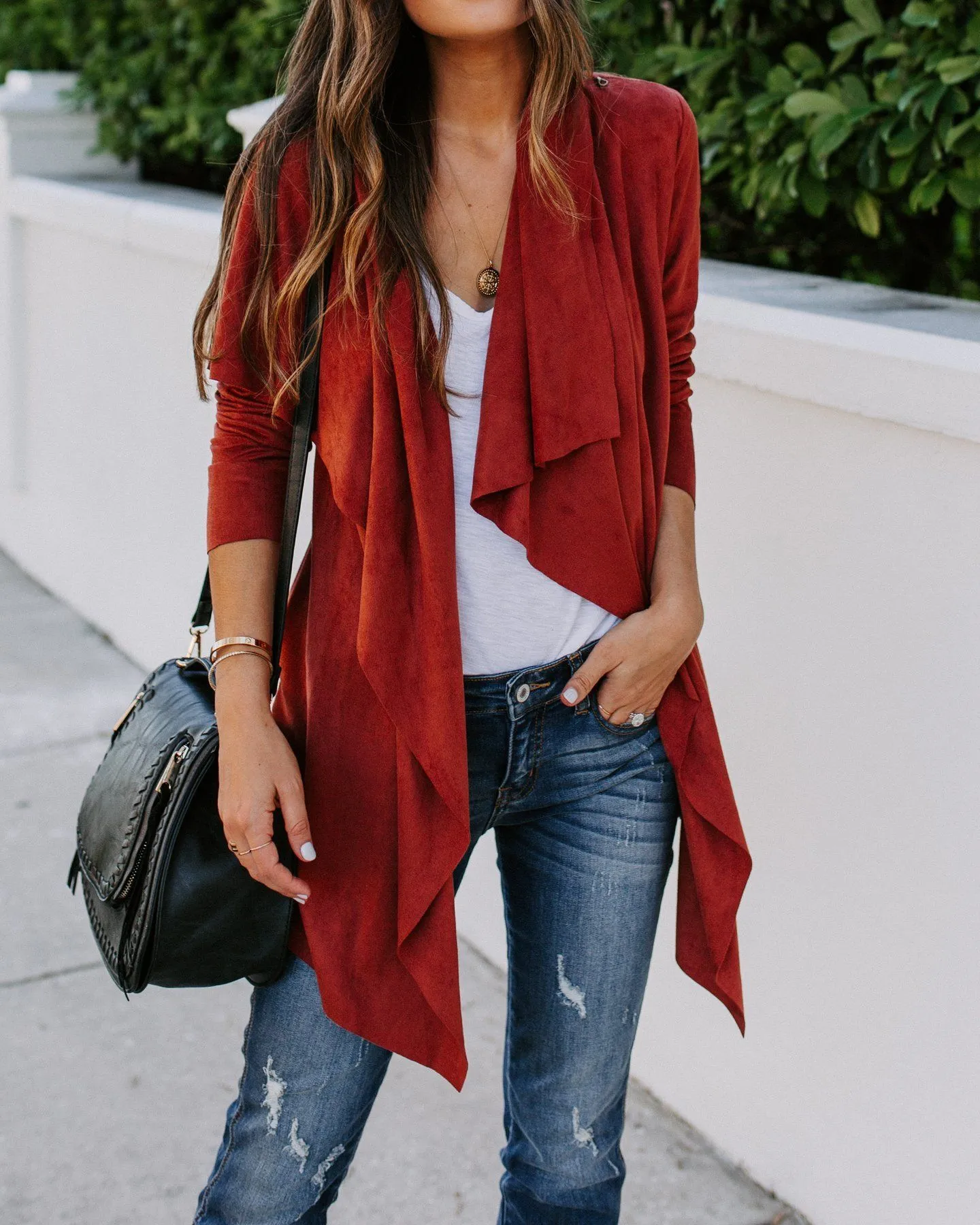 Faux Suede Pocketed Drape Jacket