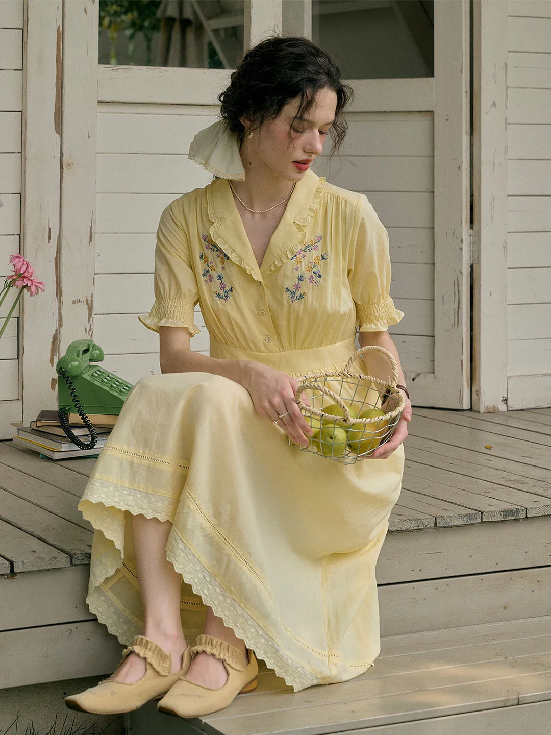 【Final Sale】Roselyn Embroidered V  Neck Lapel Puff Sleeve Cotton High Waist Midi Dress