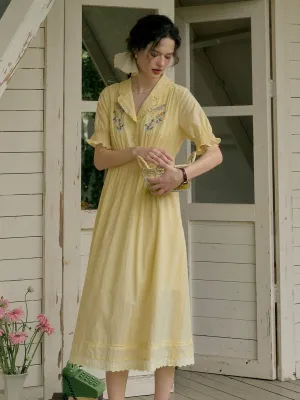 【Final Sale】Roselyn Embroidered V  Neck Lapel Puff Sleeve Cotton High Waist Midi Dress