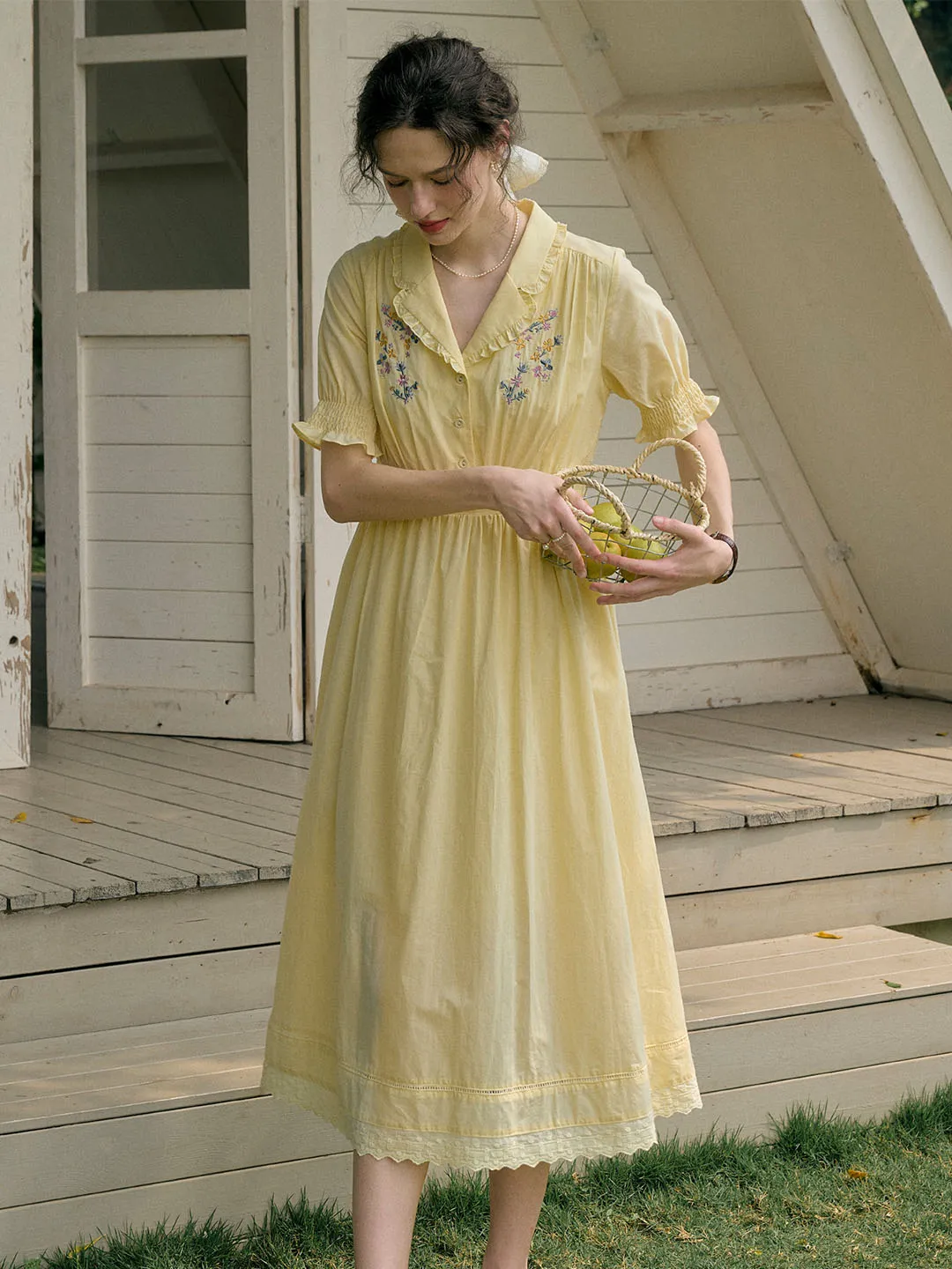 【Final Sale】Roselyn Embroidered V  Neck Lapel Puff Sleeve Cotton High Waist Midi Dress