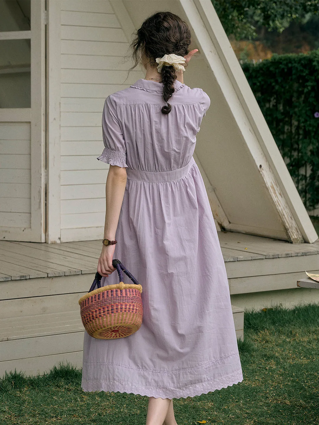 【Final Sale】Roselyn Embroidered V  Neck Lapel Puff Sleeve Cotton High Waist Midi Dress