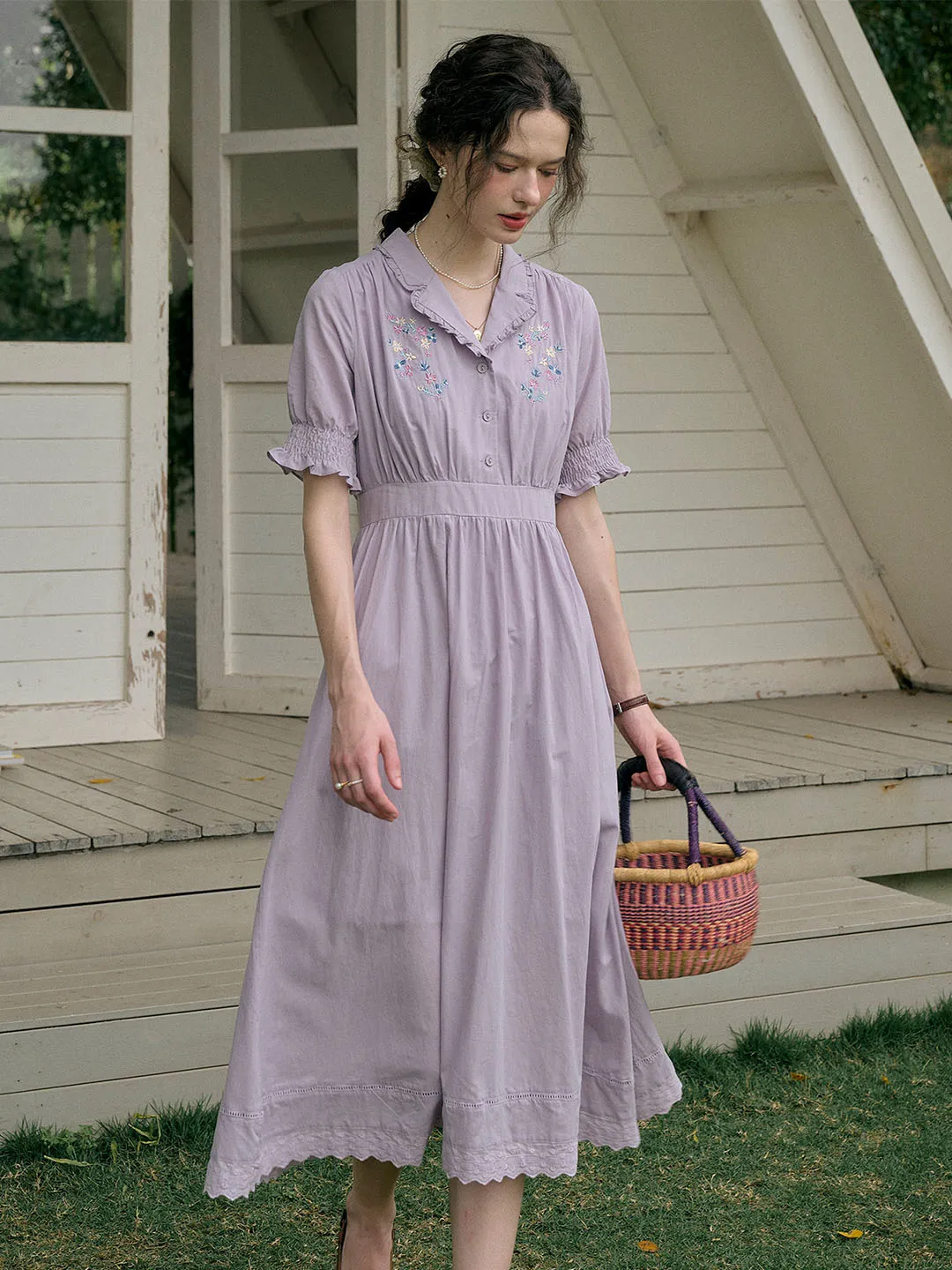 【Final Sale】Roselyn Embroidered V  Neck Lapel Puff Sleeve Cotton High Waist Midi Dress