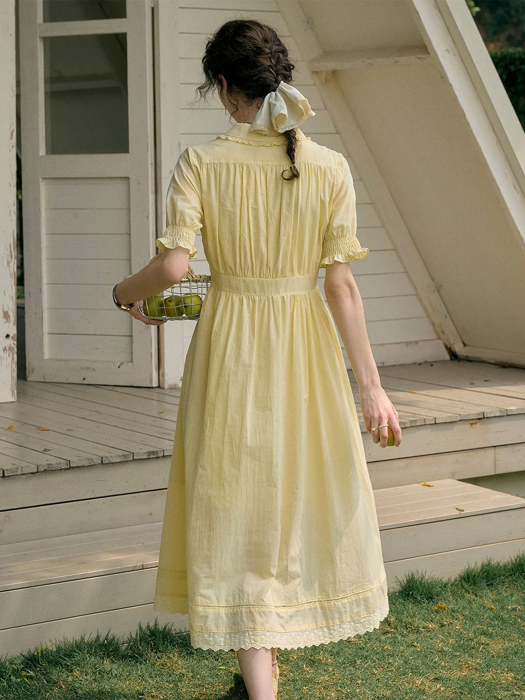 【Final Sale】Roselyn Embroidered V  Neck Lapel Puff Sleeve Cotton High Waist Midi Dress