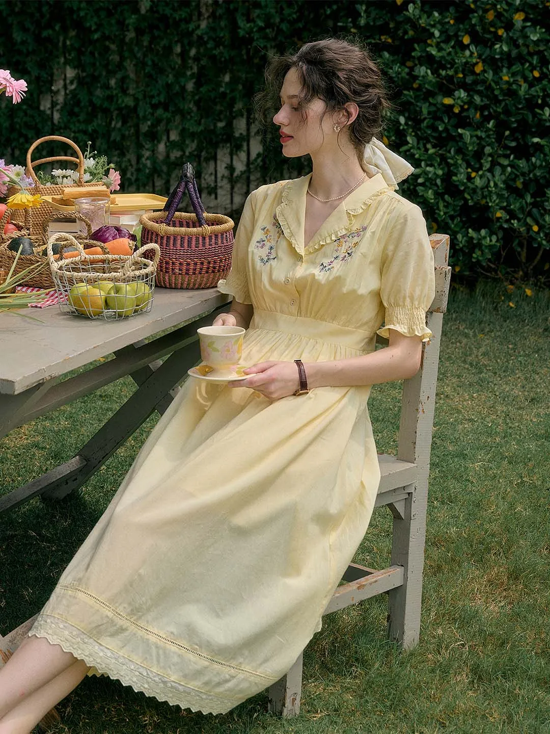 【Final Sale】Roselyn Embroidered V  Neck Lapel Puff Sleeve Cotton High Waist Midi Dress