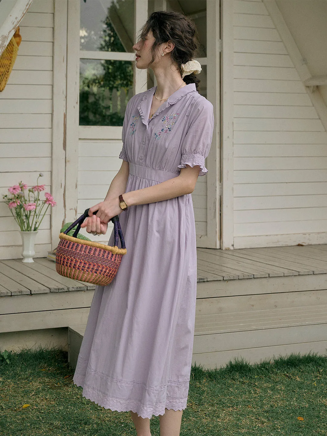 【Final Sale】Roselyn Embroidered V  Neck Lapel Puff Sleeve Cotton High Waist Midi Dress