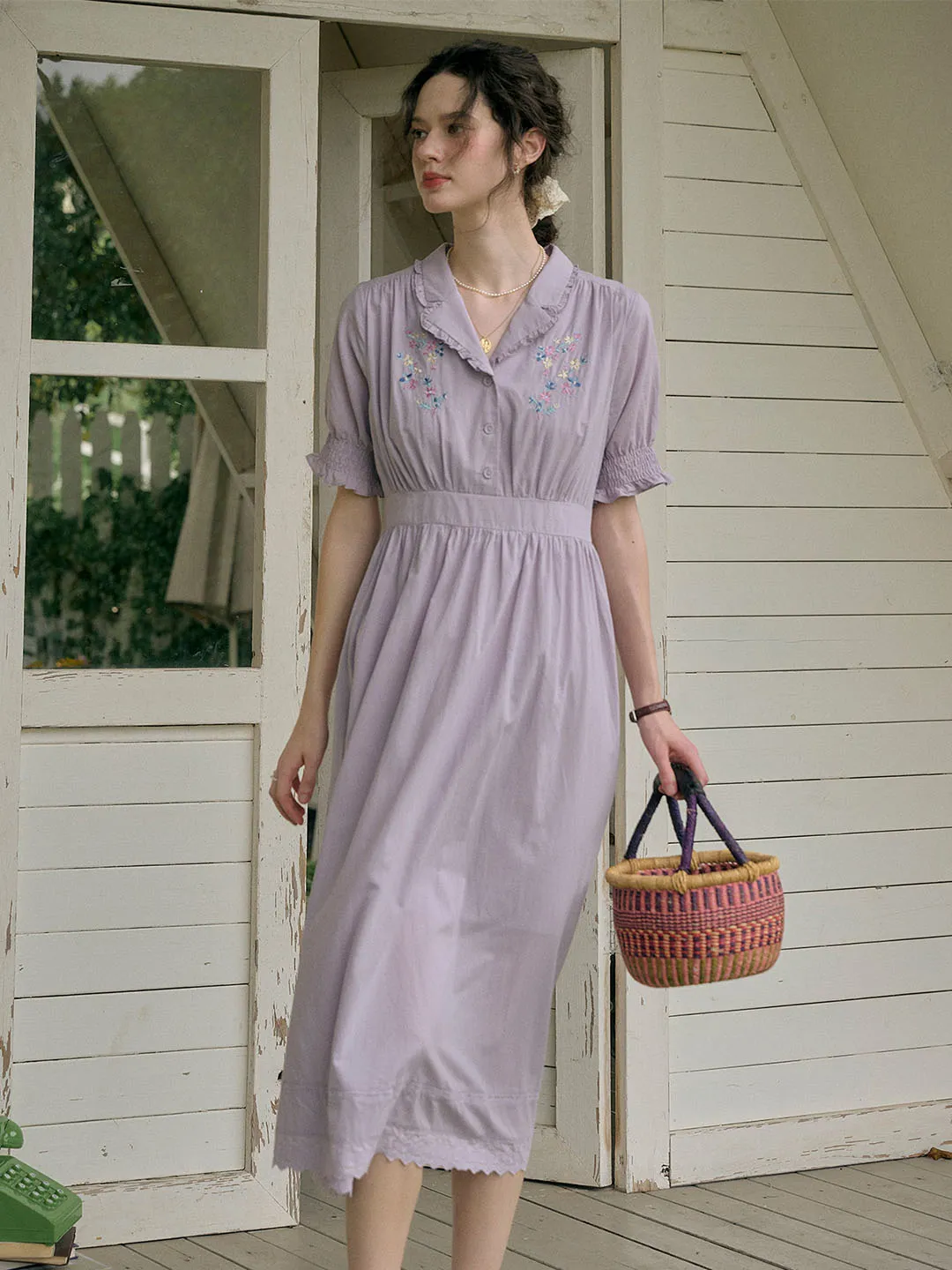 【Final Sale】Roselyn Embroidered V  Neck Lapel Puff Sleeve Cotton High Waist Midi Dress