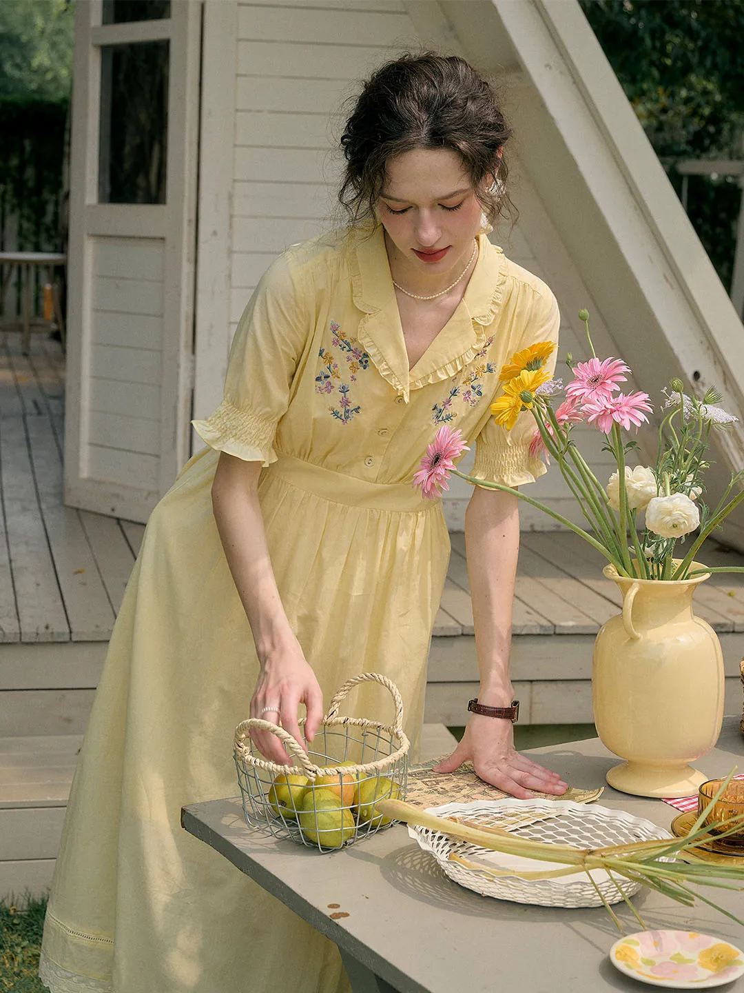 【Final Sale】Roselyn Embroidered V  Neck Lapel Puff Sleeve Cotton High Waist Midi Dress