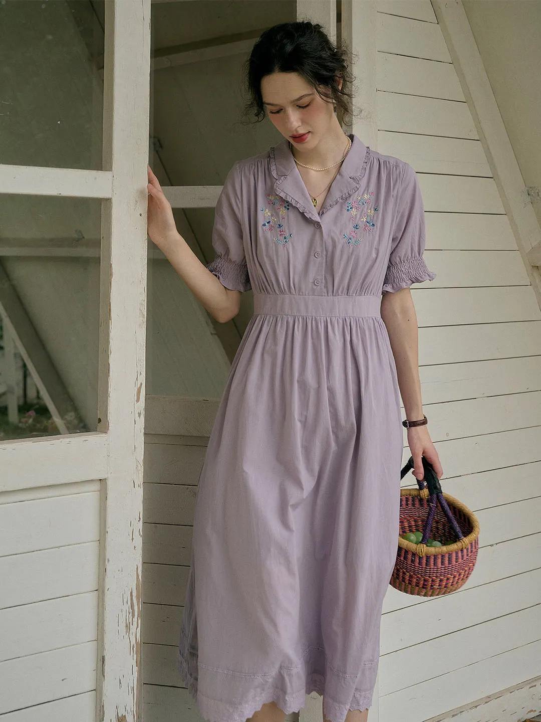 【Final Sale】Roselyn Embroidered V  Neck Lapel Puff Sleeve Cotton High Waist Midi Dress