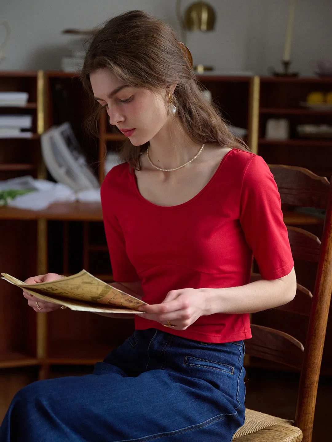 【Final Sale】Sol Round Neck Back Lace-up Fit Cotton Top