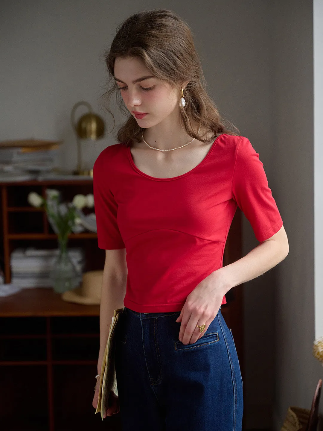 【Final Sale】Sol Round Neck Back Lace-up Fit Cotton Top