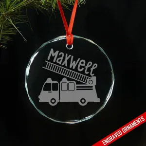 Firetruck CUSTOM Engraved Glass Ornament