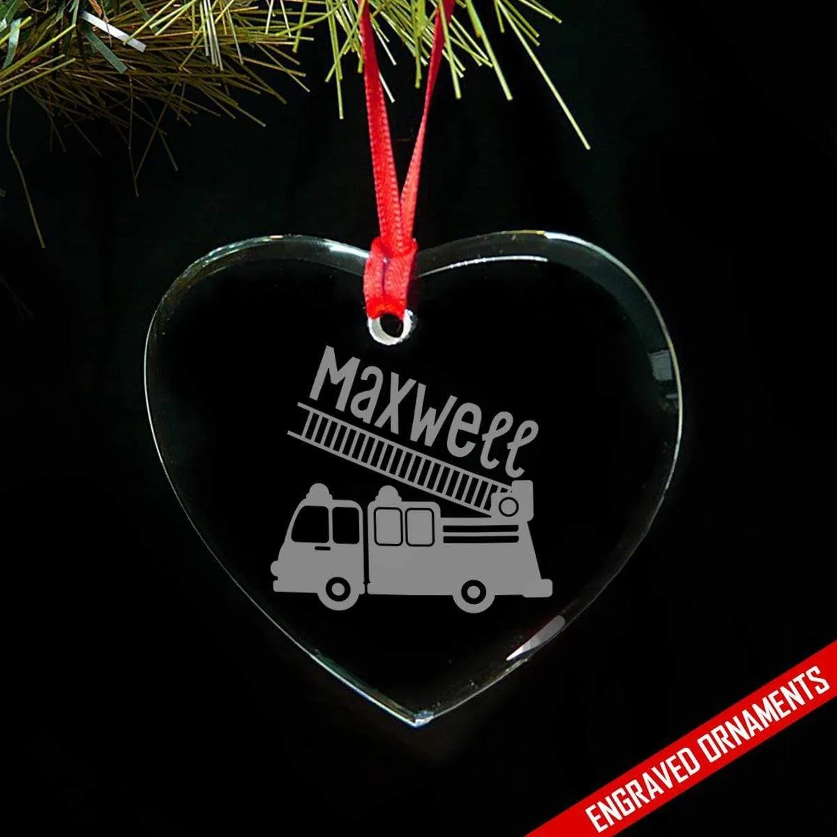 Firetruck CUSTOM Engraved Glass Ornament