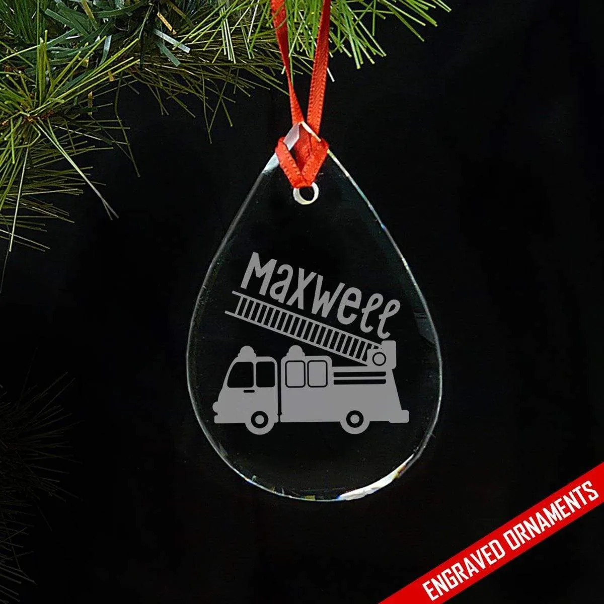 Firetruck CUSTOM Engraved Glass Ornament