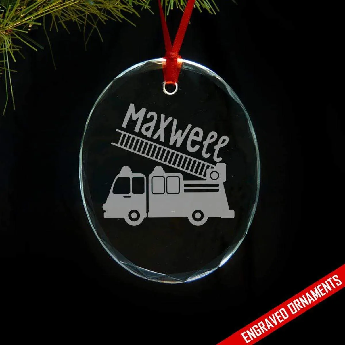 Firetruck CUSTOM Engraved Glass Ornament