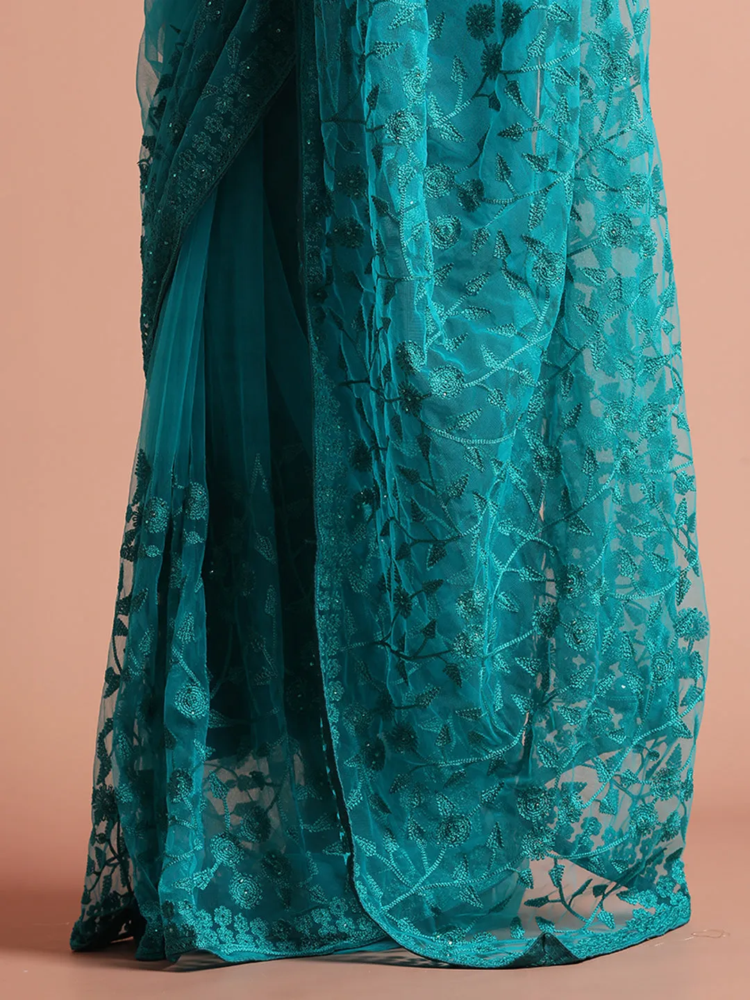 Firoji Party Wear Floral Embroidered Net Saree