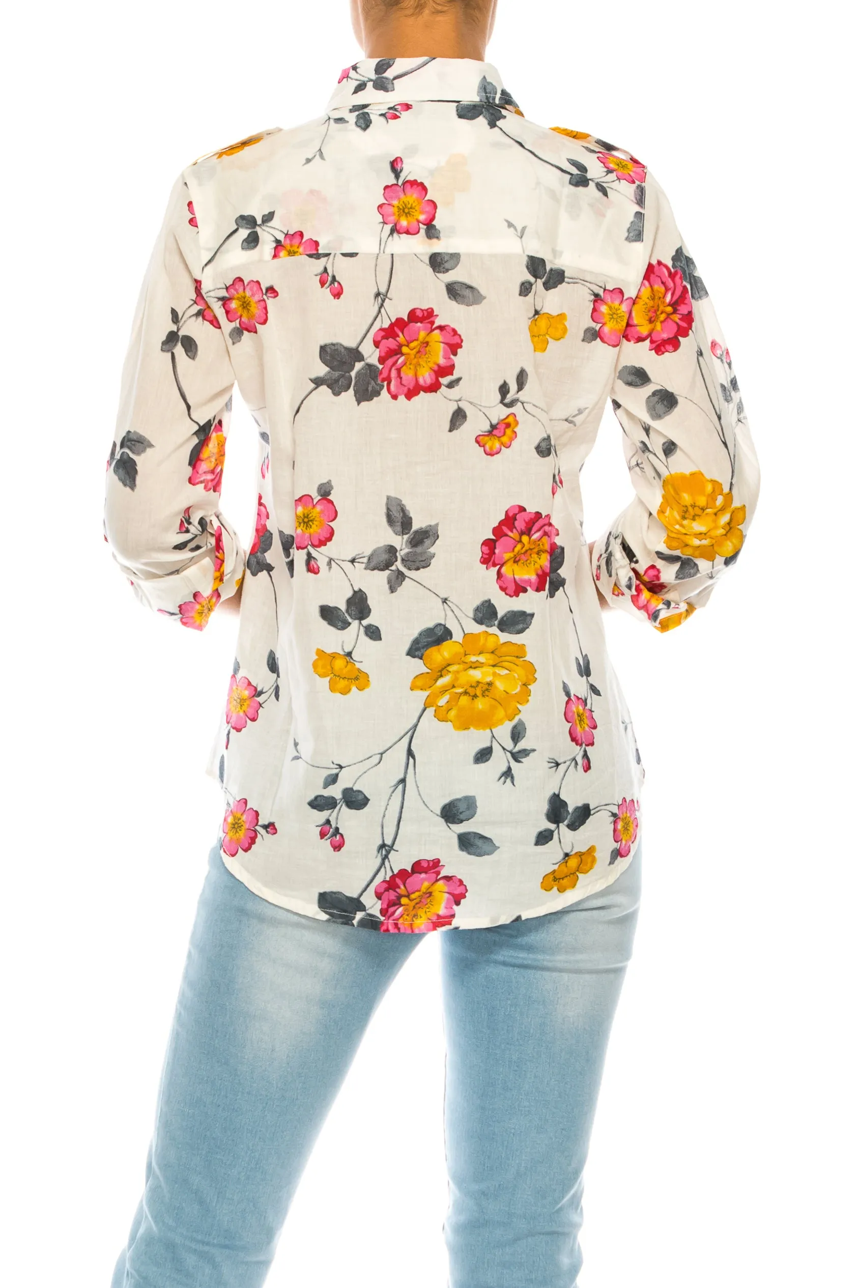 Floral Print Button-Down Shirt With Shoulder Epaulettes