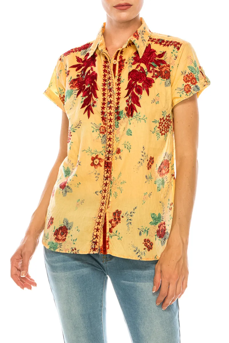 Floral Short Sleeve Shirt with Embroidery and Vintage Wash