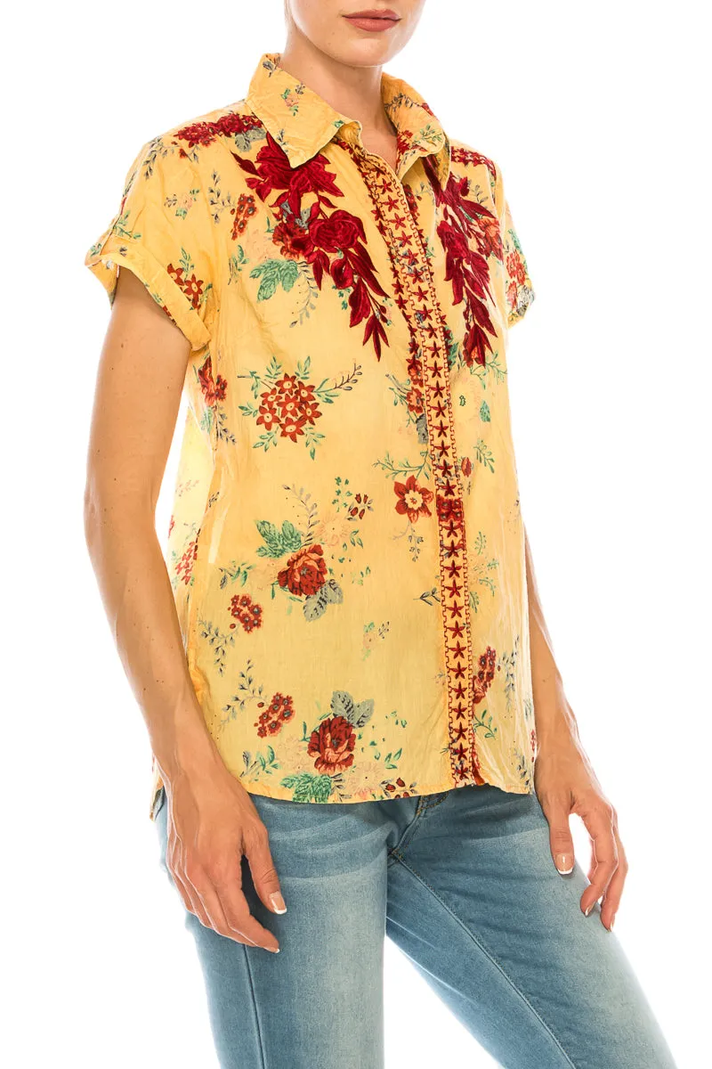Floral Short Sleeve Shirt with Embroidery and Vintage Wash